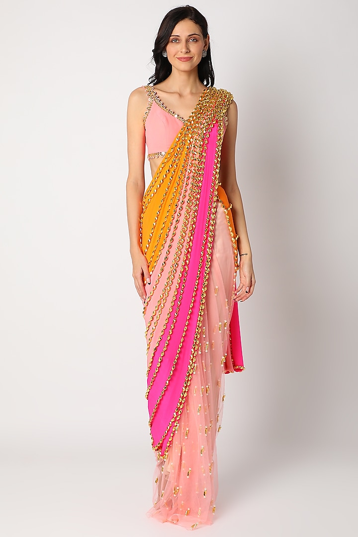 Multi Colored Embellished Pre-Stitched Reception Saree Set by Papa Don'T Preach By Shubhika at Pernia's Pop Up Shop