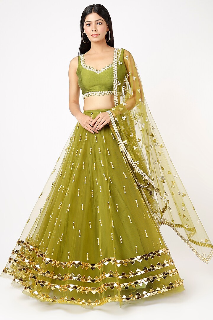 Olive Embroidered Lehenga Set by Papa Don't Preach by Shubhika