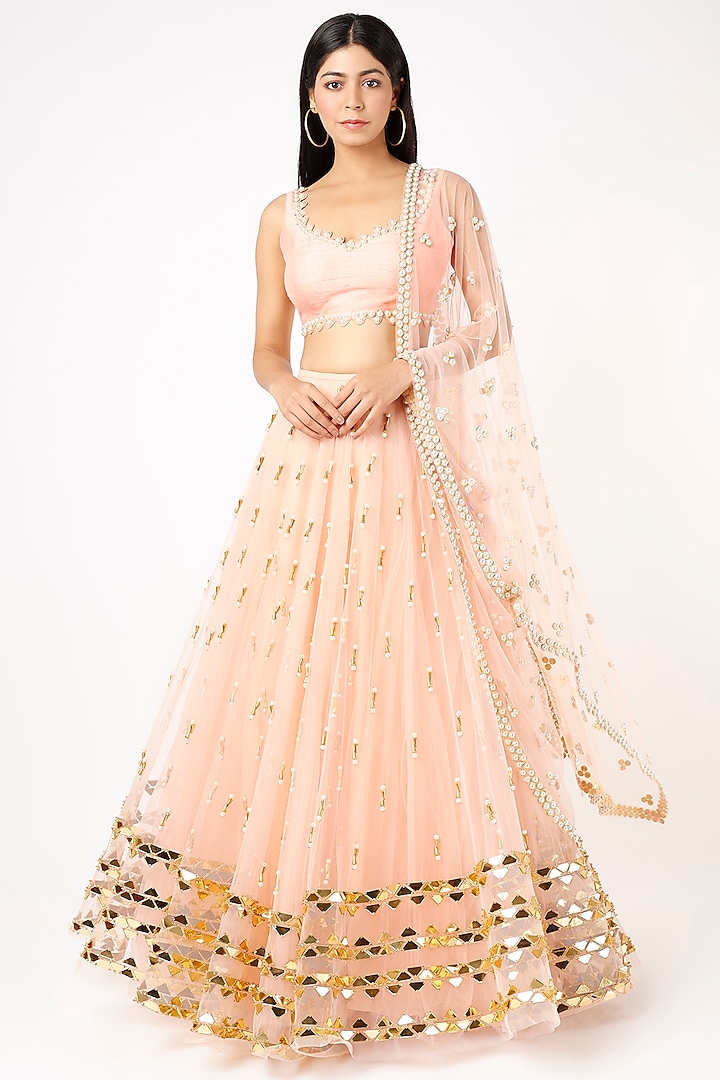 Peach Embroidered Wedding Lehenga Set by Papa Don't Preach by Shubhika at Pernia's Pop Up Shop