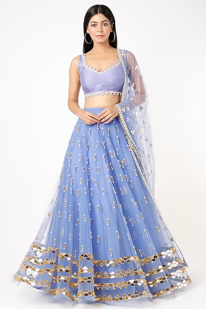 Blue Embroidered Lehenga Set by Papa Don't Preach by Shubhika