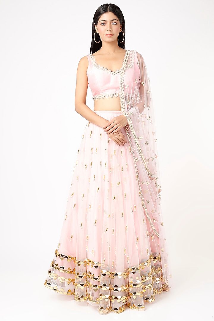 Baby Pink Embroidered Lehenga Set by Papa Don't Preach by Shubhika