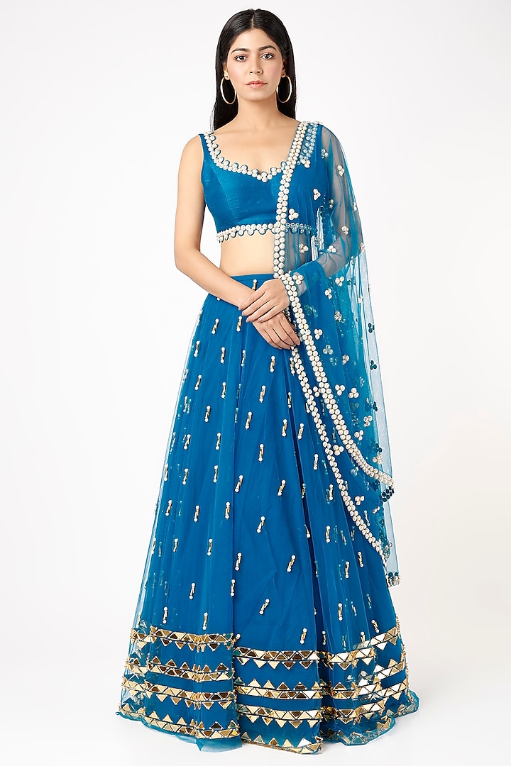 Teal Blue Embroidered Lehenga Set by Papa Don't Preach by Shubhika