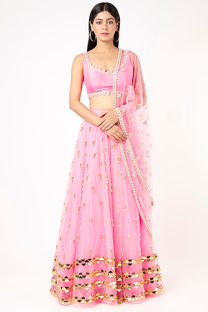 Neon Pink Embroidered Lehenga Set by Papa Don't Preach by Shubhika