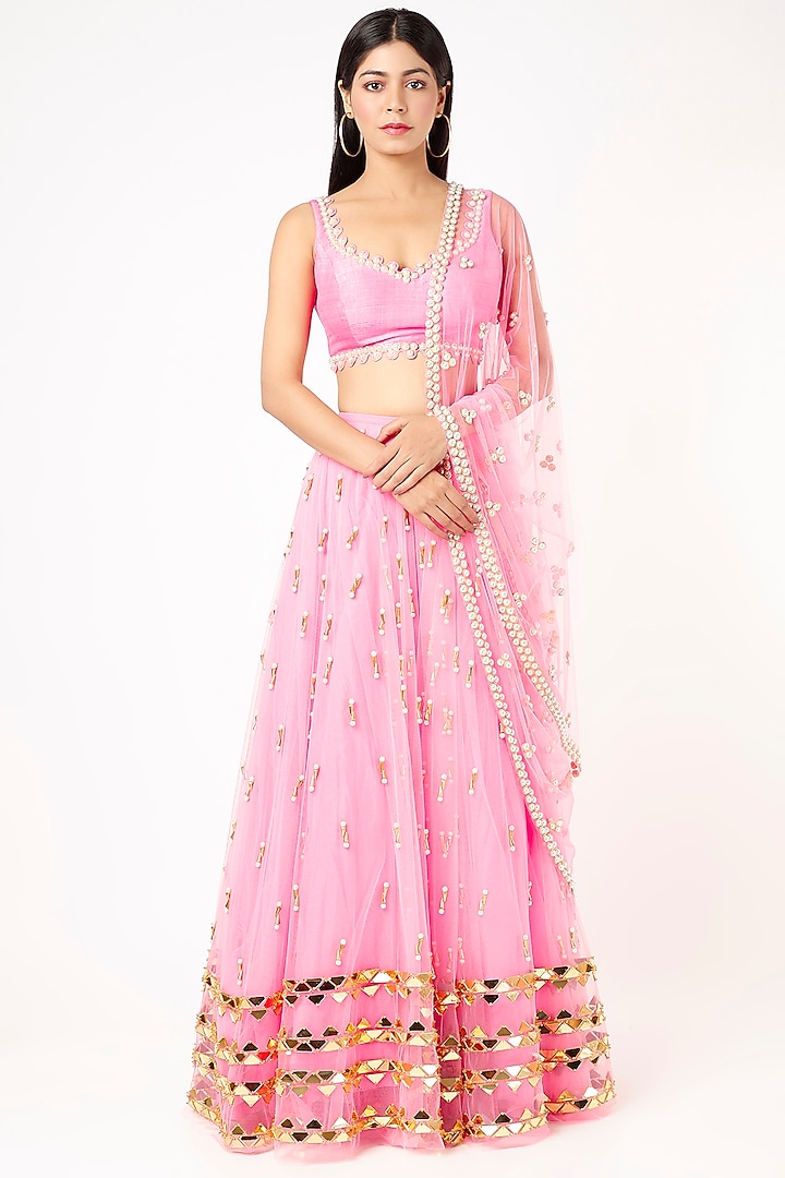 Neon Pink Embroidered Wedding Lehenga Set by Papa Don't Preach by Shubhika at Pernia's Pop Up Shop