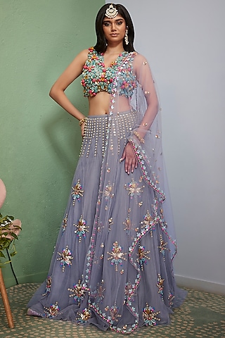 Grey Tulle Embellished Lehenga Set by Papa Don't Preach by Shubhika
