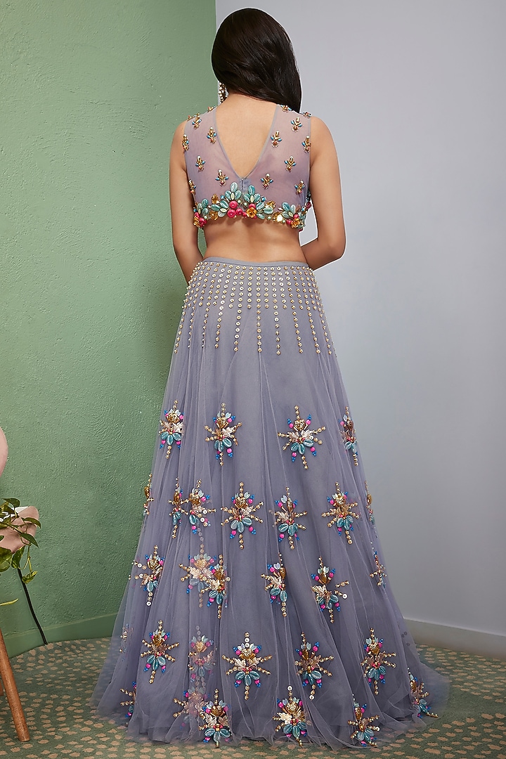 Grey Tulle Embellished Bridal Lehenga Set by Papa Don't Preach by Shubhika at Pernia's Pop Up Shop