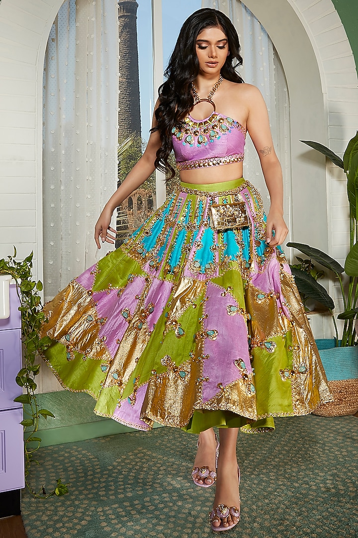 Multi Colored Raw Silk Embellished Lehenga Set Design By Papa Dont Preach By Shubhika At Pernia