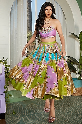 Multi-Colored Raw Silk Embellished Lehenga Set by Papa Don't Preach by Shubhika