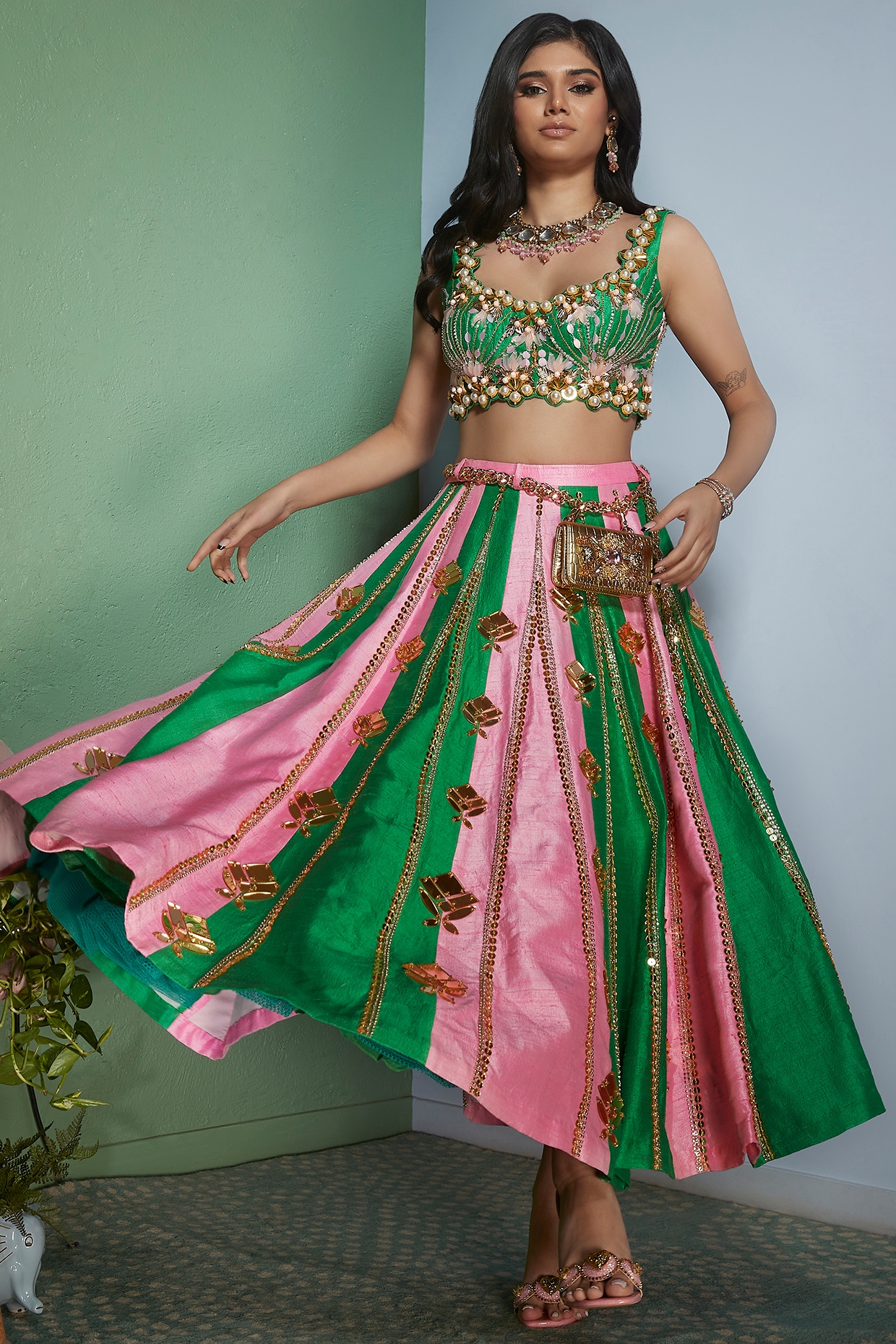 Green Kanchipuram Silk Half Saree Lehenga with Pink Net Dupatta in USA, UK,  Malaysia, South Africa, Dubai, Singapore