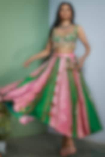 Fuchsia Pink & Leaf Green Raw Silk Embroidered Wedding Lehenga Set by Papa Don't Preach by Shubhika at Pernia's Pop Up Shop