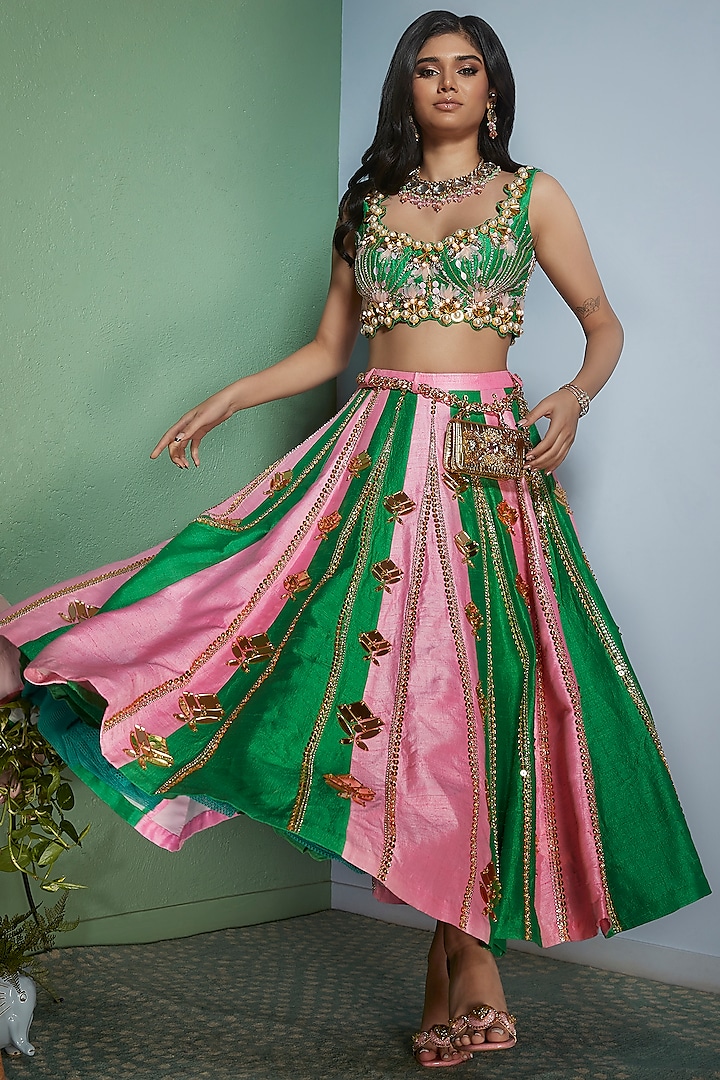 Fuchsia Pink & Leaf Green Raw Silk Embroidered Wedding Lehenga Set by Papa Don't Preach by Shubhika at Pernia's Pop Up Shop