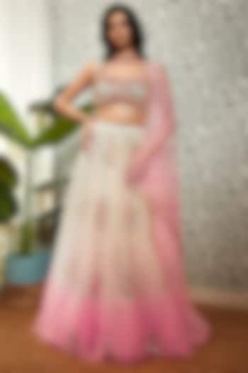 Ivory & Hot Pink Tulle Embroidered Ombre Bridal Lehenga Set by Papa Don't Preach by Shubhika at Pernia's Pop Up Shop