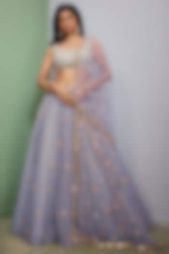 Light Grey Tulle Embroidered Wedding Lehenga Set by Papa Don't Preach by Shubhika at Pernia's Pop Up Shop