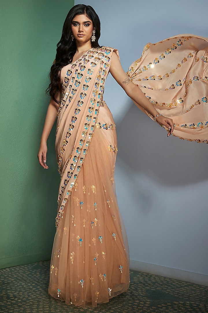 Nude Tulle Floral Motif Embroidered Pre-Stitched Saree Set by Papa Don't Preach by Shubhika