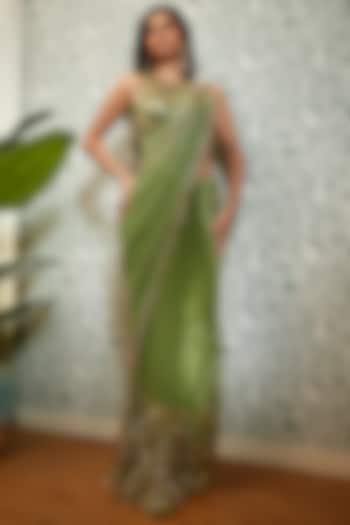 Moss Green Georgette & Tulle Sequins Embroidered Pre-Stitched Saree Set by Papa Don't Preach by Shubhika