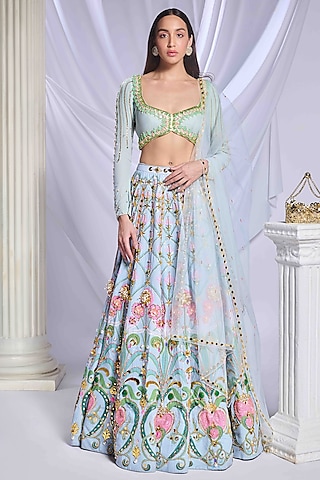 Ice Blue Sequins Printed & Embroidered Lehenga Set by Papa Don't Preach by Shubhika