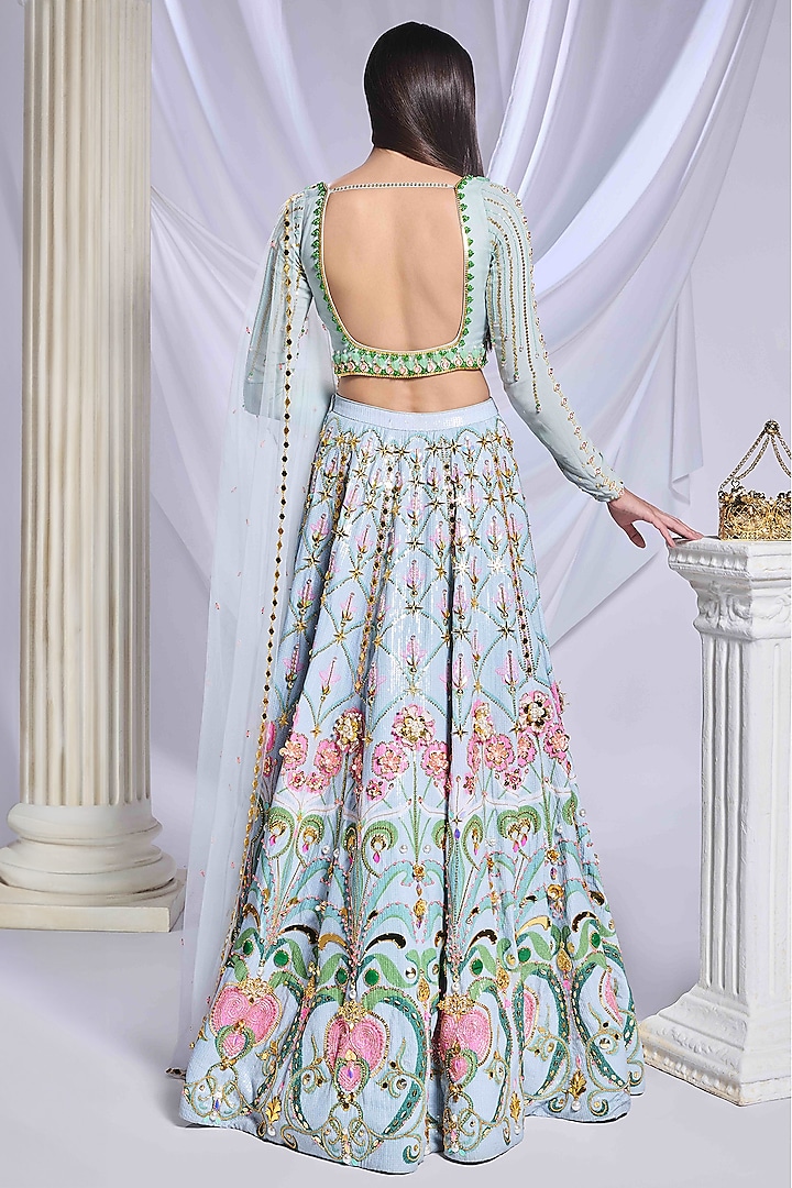 Ice Blue Sequins Printed & Embroidered Bridal Lehenga Set by Papa Don't Preach by Shubhika at Pernia's Pop Up Shop