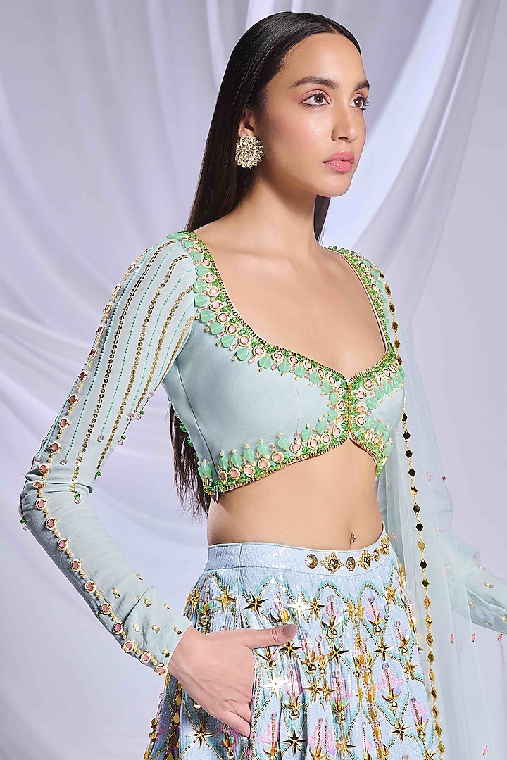 Ice Blue Sequins Printed & Embroidered Bridal Lehenga Set by Papa Don't Preach by Shubhika at Pernia's Pop Up Shop