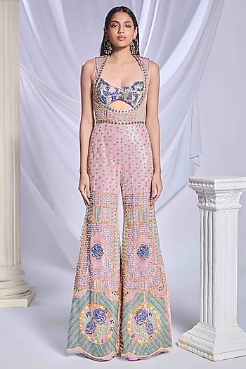 Baby Pink Tulle Sequin & Pearl Embroidered Jumpsuit by Papa Don't Preach by Shubhika at Pernia's Pop Up Shop
