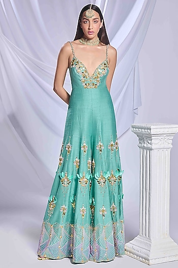 Teal Green Raw Silk Crystal Embroidered Jumpsuit by Papa Don't Preach by Shubhika at Pernia's Pop Up Shop