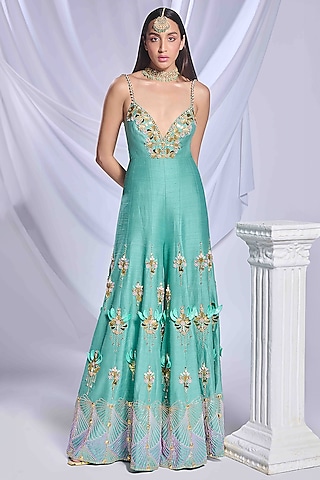 Teal Green Raw Silk Crystal Embroidered Jumpsuit by Papa Don't Preach by Shubhika