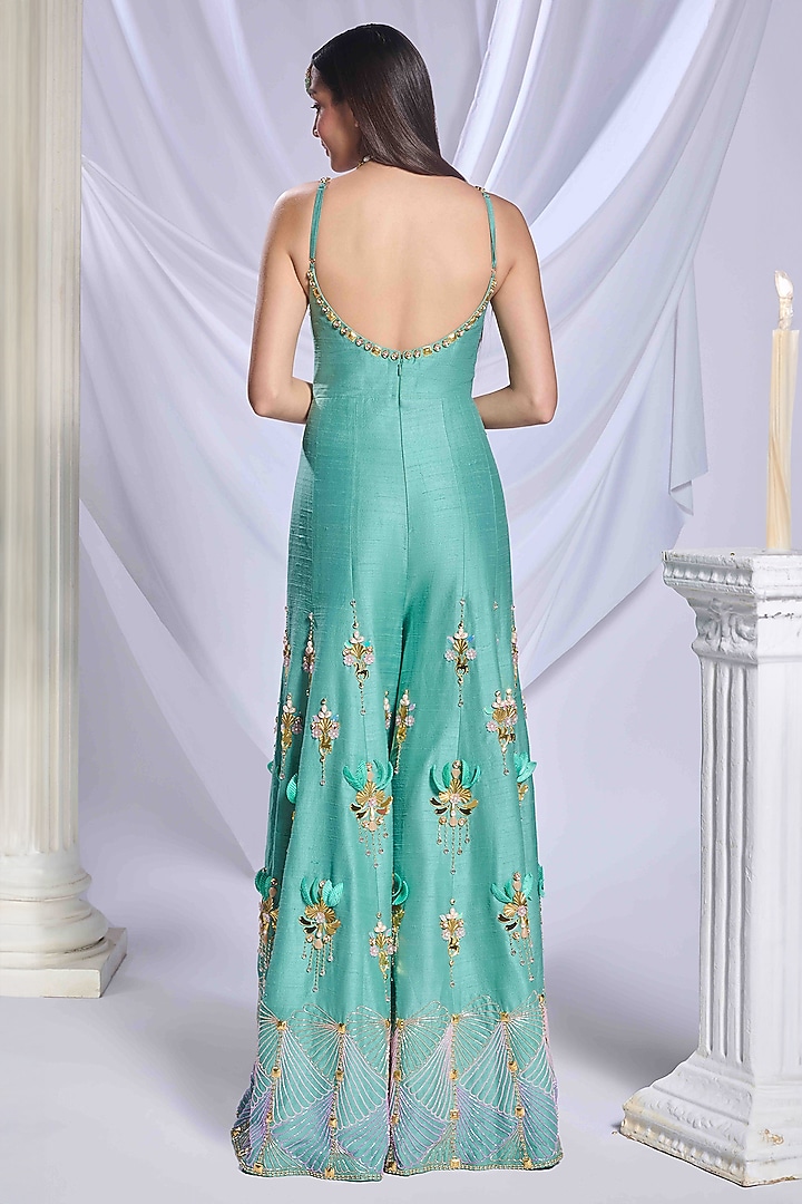 Teal Green Raw Silk Crystal Embroidered Jumpsuit by Papa Don't Preach by Shubhika at Pernia's Pop Up Shop