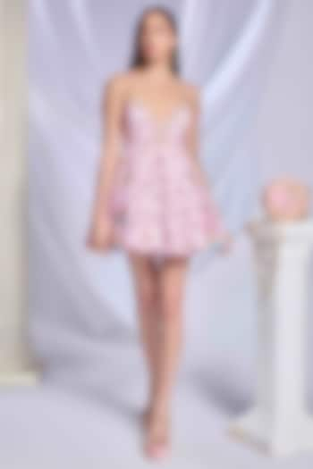 Peach Sequins Embroidered Babydoll Paneled Mini Dress by Papa Don't Preach by Shubhika at Pernia's Pop Up Shop