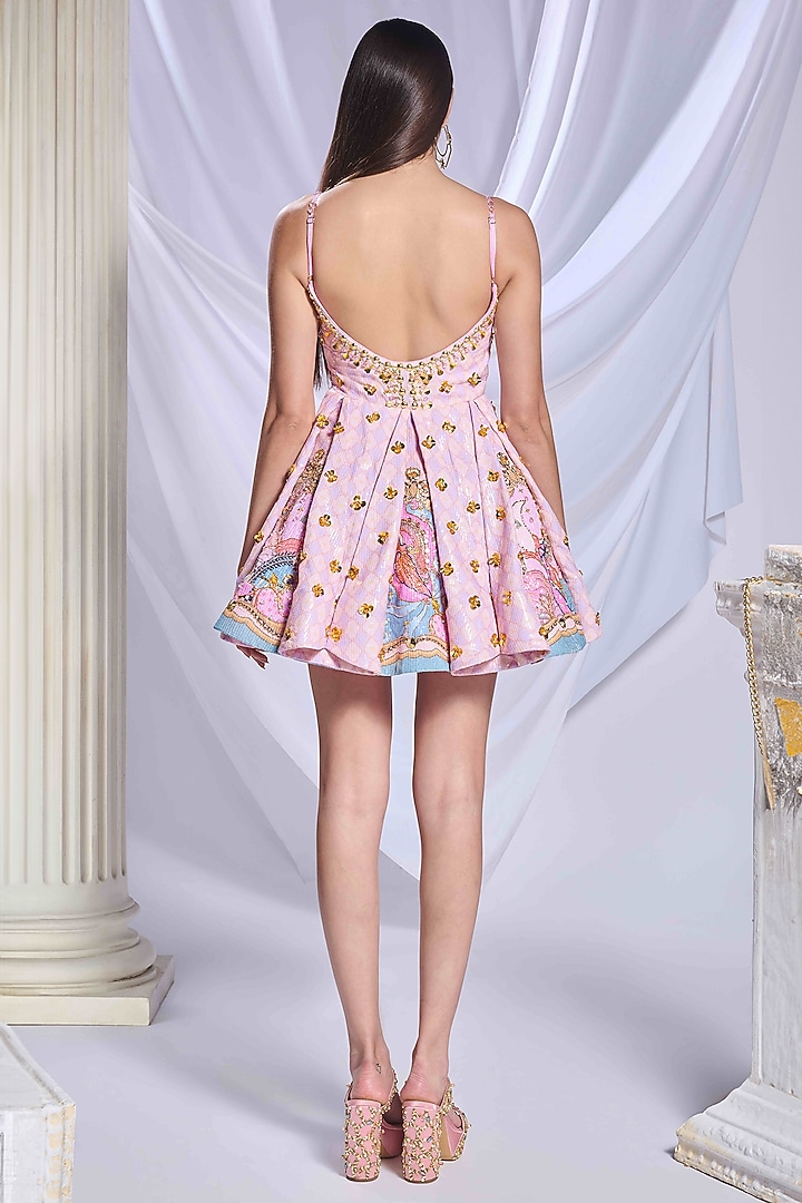 Peach Sequins Embroidered Babydoll Paneled Mini Party Wear Dress by Papa Don't Preach by Shubhika at Pernia's Pop Up Shop