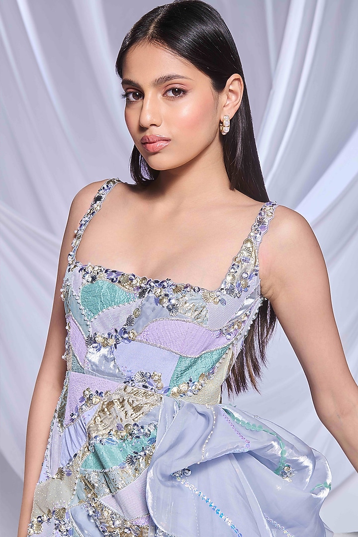 Grey Dupion Silk Embroidered Babydoll Mini Party Wear Dress With Drape by Papa Don't Preach by Shubhika at Pernia's Pop Up Shop