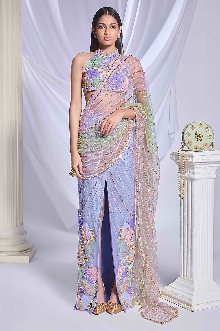 Grey Tulle Sequin Embroidered Pre-Stitched Slit Saree Set by Papa Don't Preach by Shubhika at Pernia's Pop Up Shop