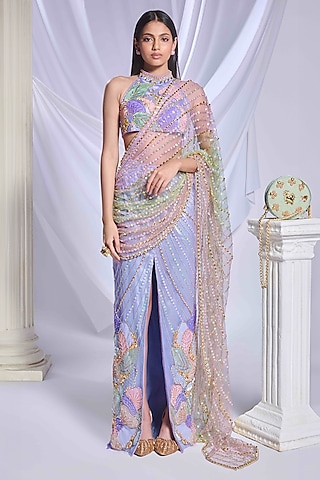 Grey Tulle Sequin Embroidered Pre-Stitched Slit Saree Set by Papa Don't Preach by Shubhika