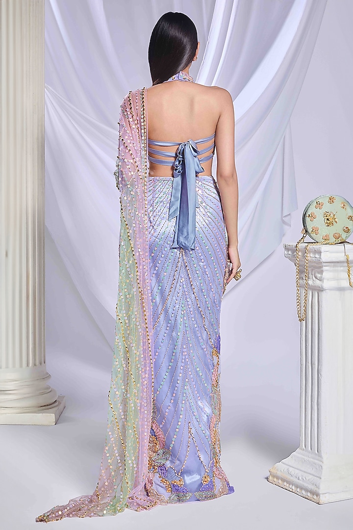 Grey Tulle Sequin Embroidered Pre-Stitched Slit Bridal Saree Set by Papa Don't Preach by Shubhika at Pernia's Pop Up Shop