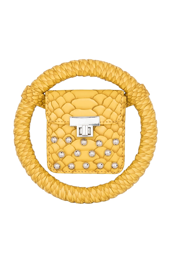 Yellow Embroidered Circular Minaudiere Bag by Papa don't preach by Shubhika Accessories