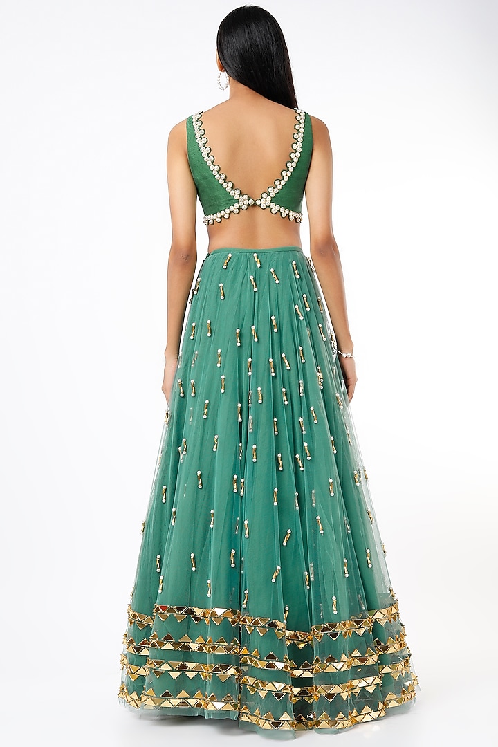 Forest Green Gold Studded Wedding Lehenga Set by Papa Don't Preach by Shubhika at Pernia's Pop Up Shop