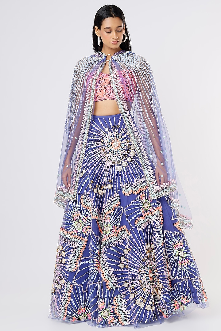 Blue Tulle Embellished Lehenga Set by Papa Don't Preach by Shubhika