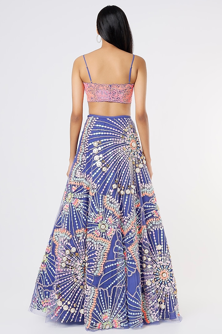 Blue Tulle Sequins Embellished Jacket Bridal Lehenga Set by Papa Don't Preach by Shubhika at Pernia's Pop Up Shop