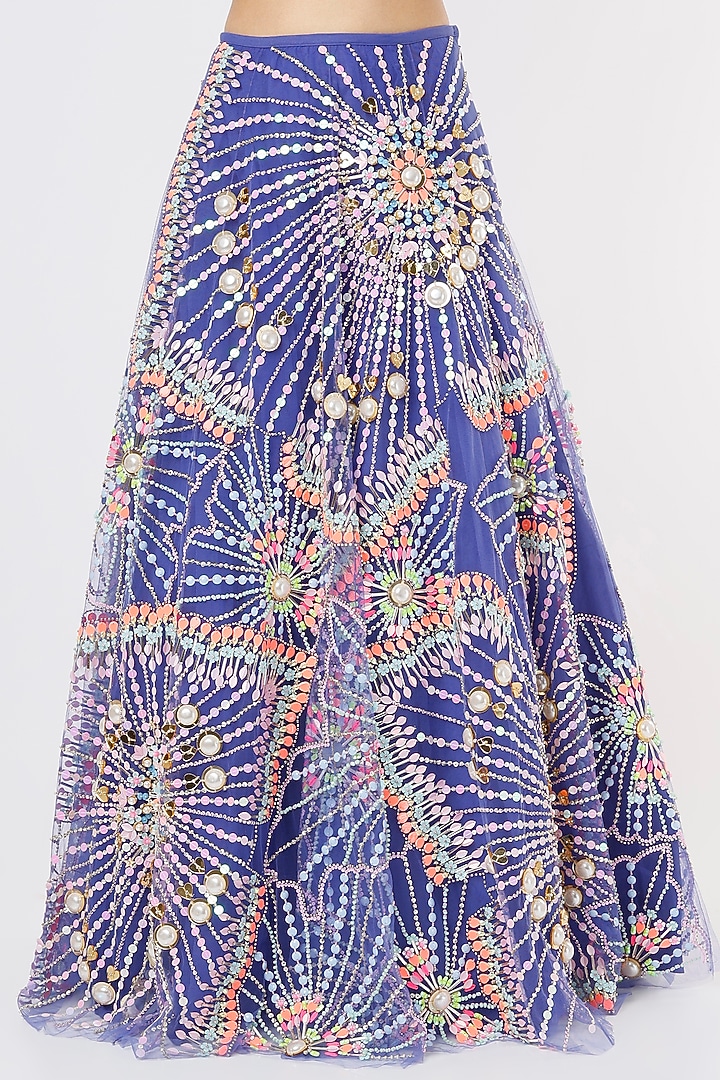Blue Tulle Sequins Embellished Jacket Bridal Lehenga Set by Papa Don't Preach by Shubhika at Pernia's Pop Up Shop
