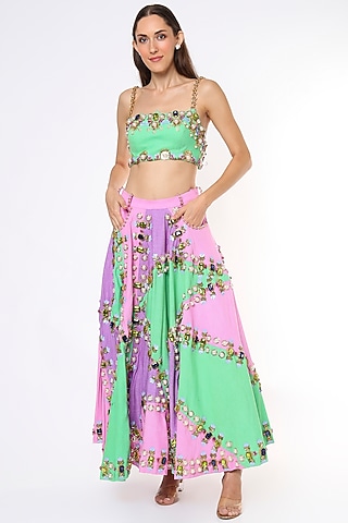 Tri-Colored Embroidered Half Lehenga Set by Papa Don't Preach by Shubhika
