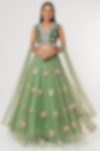 Green Embroidered Lehenga Set by Papa Don't Preach by Shubhika