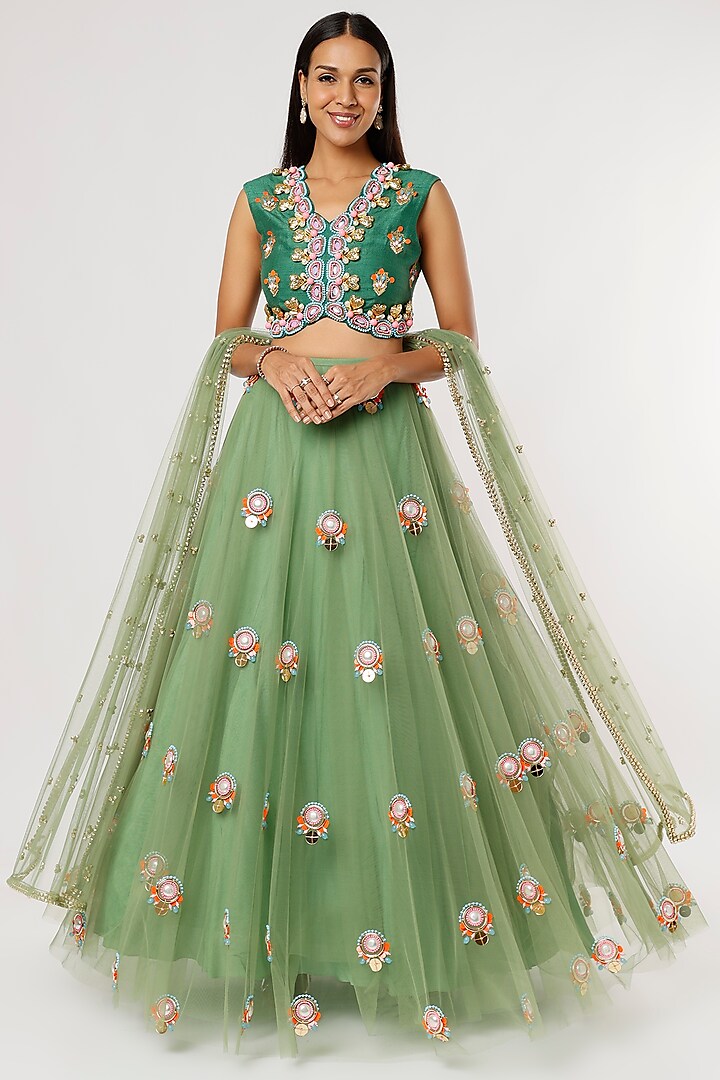 Green Embroidered Lehenga Set by Papa Don't Preach by Shubhika