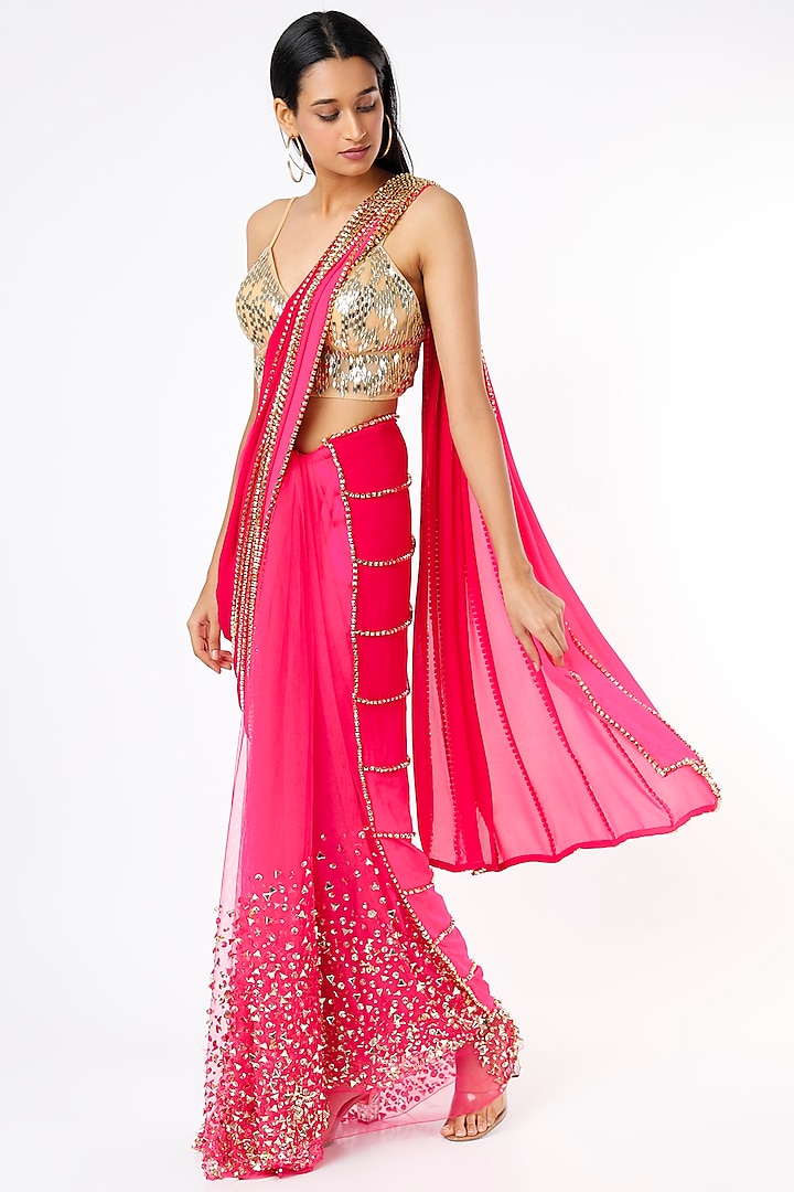 Red Embellished Pre-Stitched Saree Set by Papa Don't Preach by Shubhika
