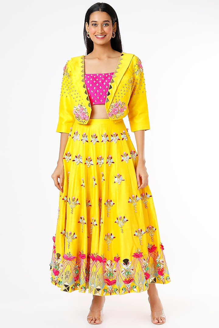 Yellow Embroidered Short Lehenga Set by Papa Don't Preach by Shubhika