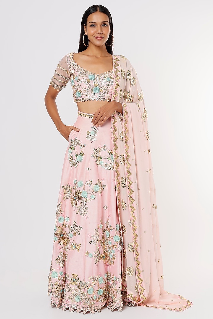 Blush Pink Embroidered Lehenga Set by Papa Don't Preach by Shubhika