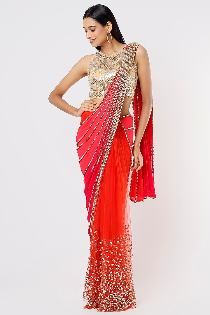 Red Pre-Stitched Embroidered Saree Set by Papa Don't Preach by Shubhika