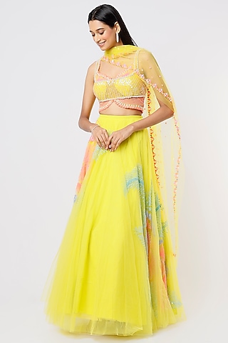 Lime Yellow Embellished Lehenga Set by Papa Don't Preach by Shubhika