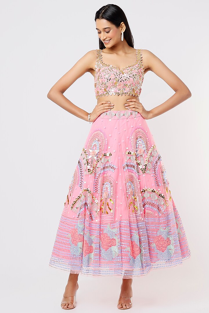 Rose Pink Floral Embroidered Bridal Lehenga Set by Papa Don