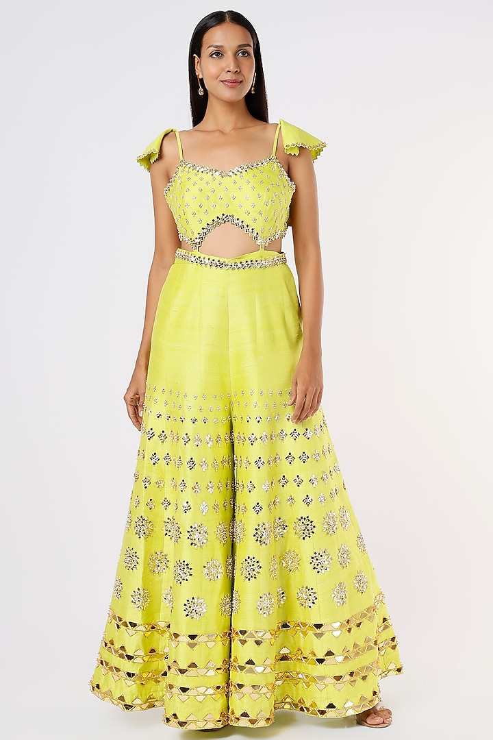 Lime Green Embroidered Jumpsuit With Belt by Papa Don't Preach by Shubhika