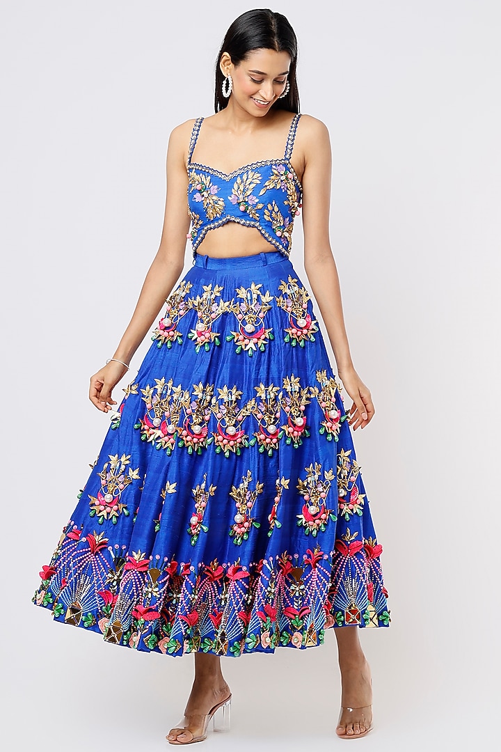 Electric Blue Embroidered Bridal Lehenga Set by Papa Don't Preach by Shubhika at Pernia's Pop Up Shop