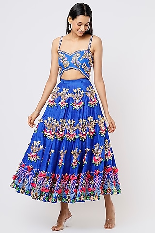 Electric Blue Embroidered Lehenga Set by Papa Don't Preach by Shubhika