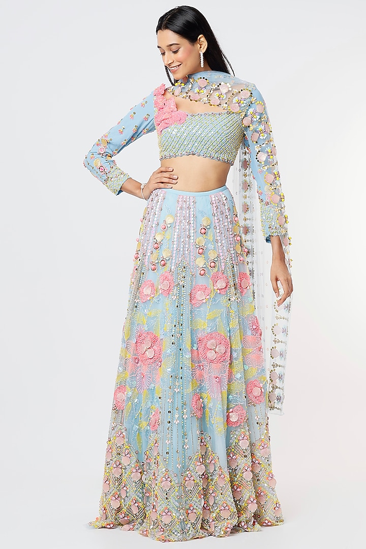 Blue Embroidered Lehenga Set by Papa Don't Preach by Shubhika